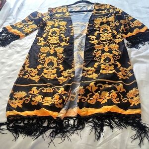 Elegant Black and Gold Women's Kimono With Fringe On Sleeves and Bottom Of Hem